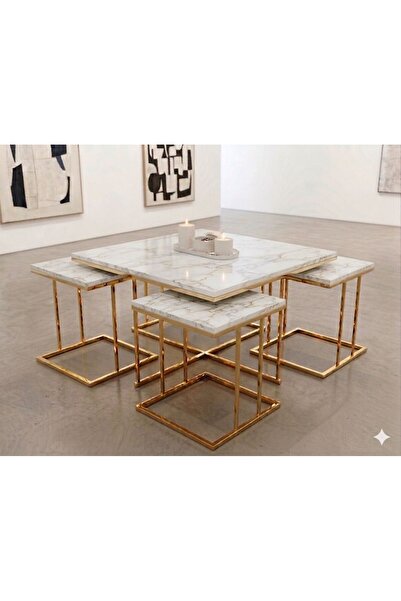 ERYALUX HOME 4+1 RİO MODEL GOLD-BEYAZ MERMER MODERN ORTA SEHPA