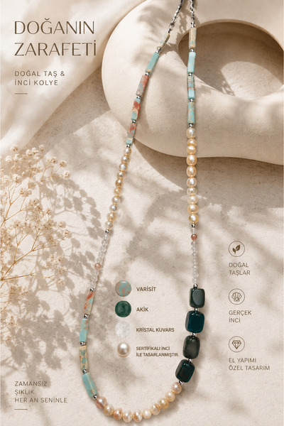 PORSE Natural Stone & Certified Pearl Handmade Design Necklace – Variscite, A...