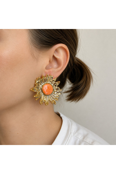 nerora Sunflower Patterned Ultra Light Earrings Orange Stone Gold