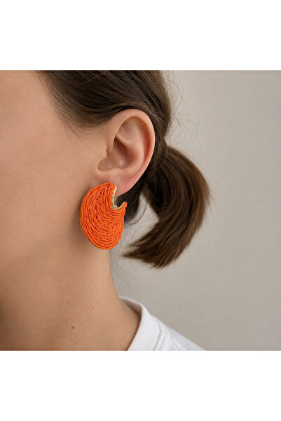 nerora Wicker Embroidered Asymmetrical Round Rose Premium Earrings Orange