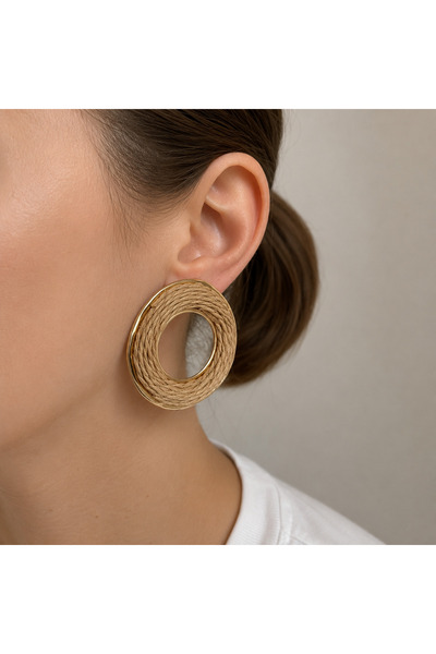 nerora Wicker Embroidered Halka Rose Premium Earrings Brown