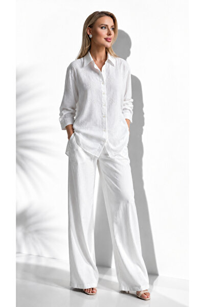 Butik Ayseba Women's White Beaded Embroidered Cotton Oversize Shirt