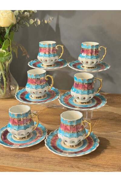 şirineşyalarım Brenda Blue Hand Painted 6-Person Turkish Coffee Cup Set - 90 ml