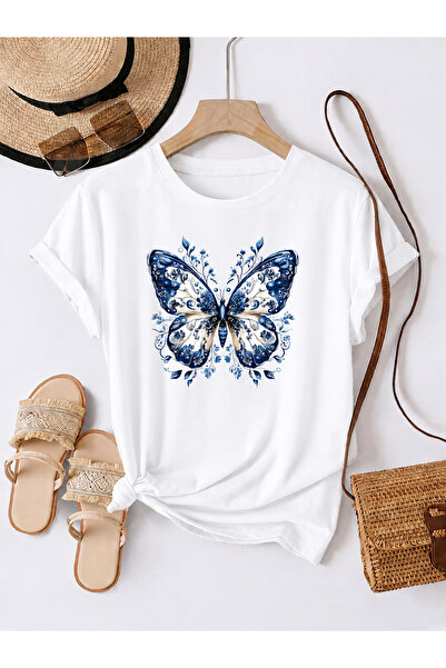 Trend Sizde Μπλουζάκι Unisex Λευκό Ethnic με στάμπα πεταλούδας και λαιμόκοψη ...