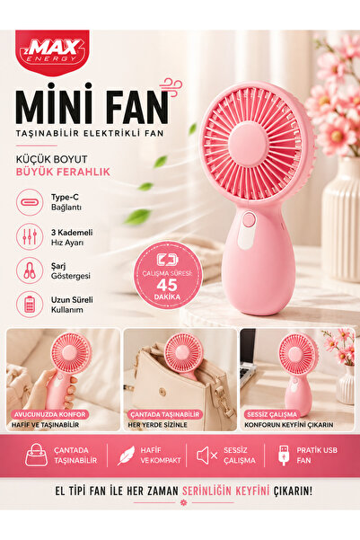 SHARI MAX Energy Mini Fan Taşınabilir El Tipi USB Şarjlı Vantilatör 3 Kademel...