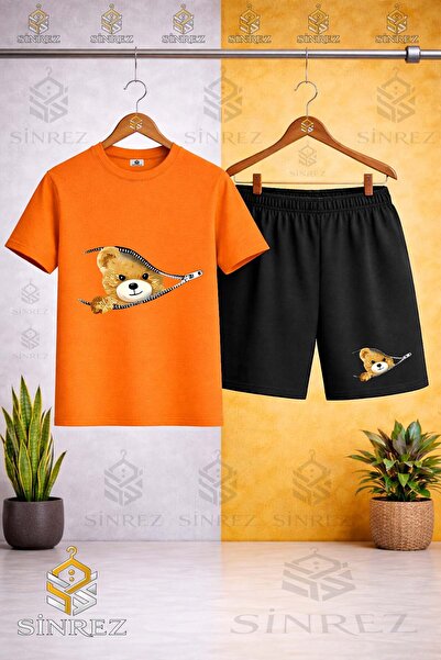 SİNREZ Crew Neck T-Shirt with Zipper and Bear Print - Shorts Set