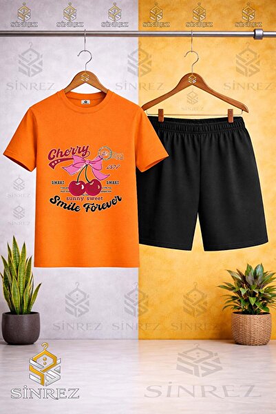 SİNREZ Crew Neck Cherry Smile Forever Printed T-Shirt - Shorts Set