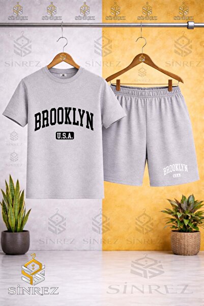 SİNREZ Crew Neck Kids Brooklyn Alt Usa Black Printed T-Shirt - Shorts Set