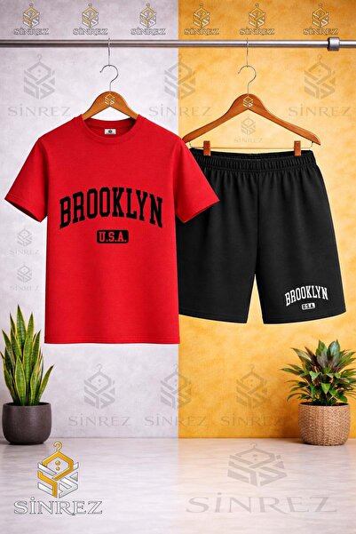 SİNREZ Crew Neck Kids Brooklyn Alt Usa Black Printed T-Shirt - Shorts Set