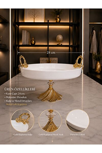 Sillage Home 24 Cm Porselen Ayaklı Kase – Metal Kaplama Kulplu Dekoratif Sunu...