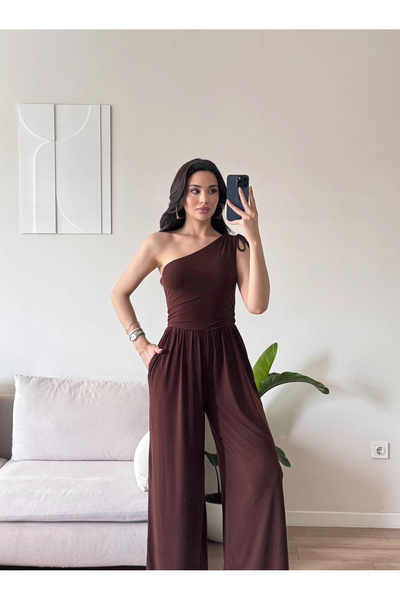 Zoom Butik Tek Omuz Büzgülü Tulum - KAHVE