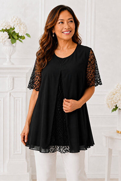 IŞILTI Women's Crew Neck Lace Short Sleeve Sequined Special Design Stylish Bl...