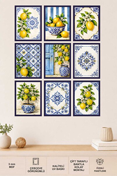 UNT 9 Parça Akdeniz Limon Desenli MDF Tablo Seti – Mavi Beyaz Seramik Temalı ...