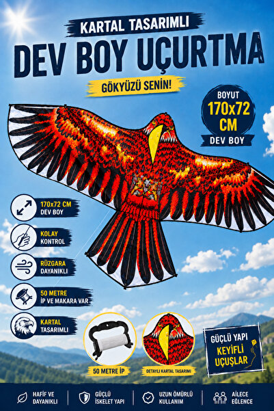 YILDIRIM OYUNCAK Dev Kartal Tasarımlı Uçurtma 170x72 cm Boyutunda 50 Metre ip...