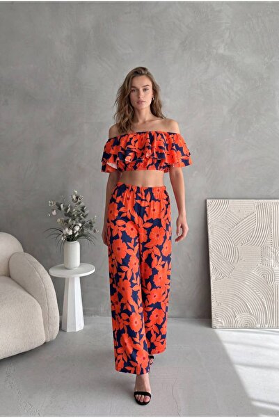Auroveen Madonna Collar Orange Floral Pattern Crop Pants Bottom-Top Set Av1629