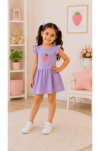 kahkaha kids Kız Çocuk Çilek Baskılı Elbise Fırfır Kollu Yazlık Günlük Elbise
