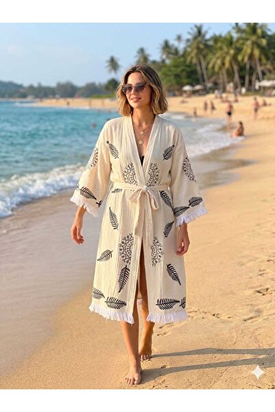 MODA ÇİFT KAT MÜSLİN %100 PAMUK TAŞ BASKI MANDALA-YAPRAK DESENLİ KİMONA KAFTA...
