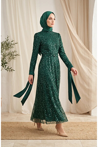 sefamerve Beaded Tulle Hijab Evening Dress 5730-05 Emerald Green