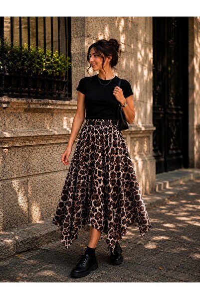 moda dıcasso lace simetrik dijital baskılı leopar etek
