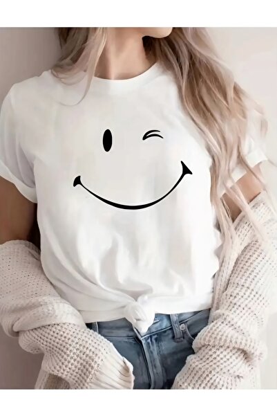 OWNME Tricou cu imprimeu cu față zâmbitoare, cu mânecă scurtă, de vară