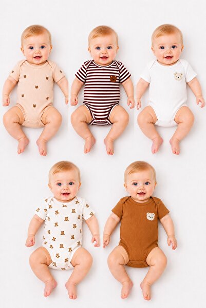 METEOR BABY Baby Boy 5-Piece Bodysuit Set with Teddy Bear Pattern, Cotton