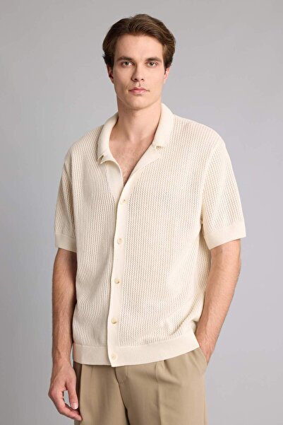 DeFacto Relax Fit Openwork Short Sleeve Polo Ecru T-Shirt G8307Ax26Sm