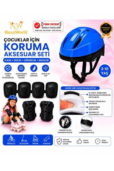 NW NessiWorld Bisiklet Kaykay Paten Çocuk Kaskı Ve Dizlik Set MAVİ/SİYAH