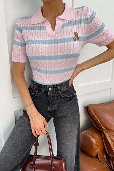 mylove Polo Collar Teddy Bear Embroidered Tshirt Candy Pink