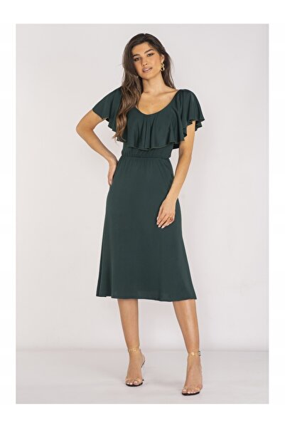 Awama Women's Midi Dress, V-Neckline With Ruffle, Elegant Cut, Highlighted Wa...
