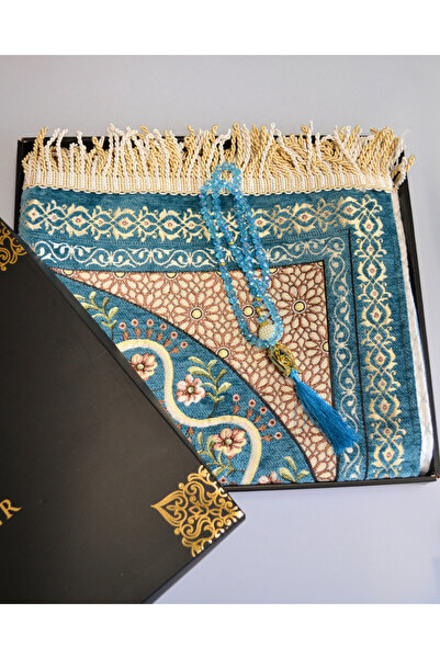 Bilenler Velvet Lined Prayer Rug and Crystal Prayer Beads Mint Green - Luxury...