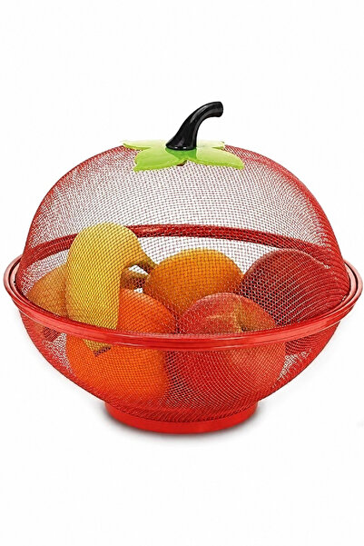 Smart Kitchen Apple Shaped Decorative Fruit Basket with Mesh Lid Red Metal Wi...
