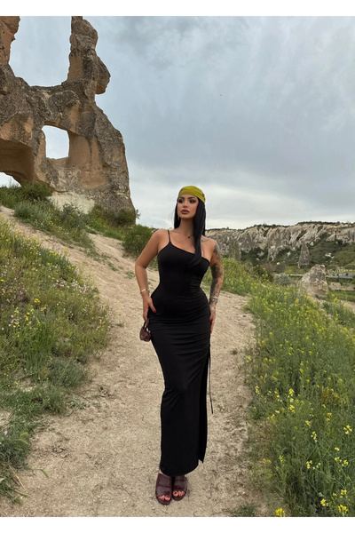 kırmızı butiks Black Off-the-Shoulder Single Slit Dress