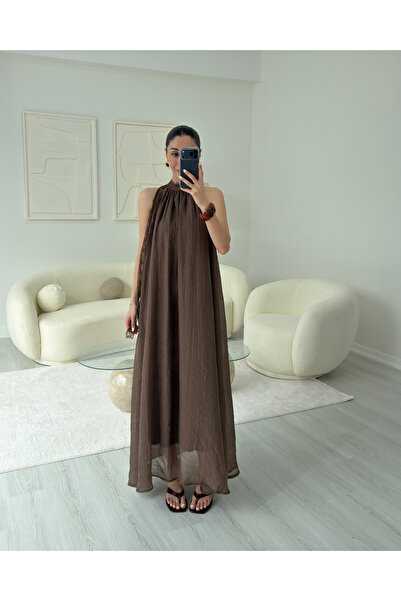 LUUNA STORE KAHVERENGİ YAKA DANTELLİ ELBİSE
