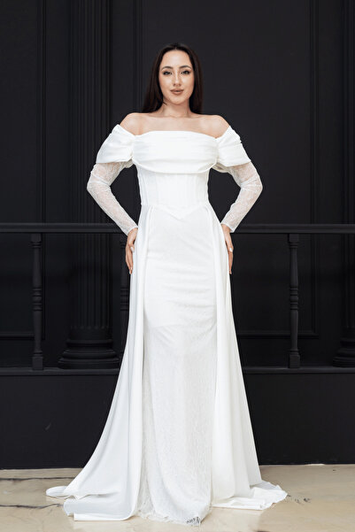 BEYBOS Underwire Long Satin Evening Dress - White