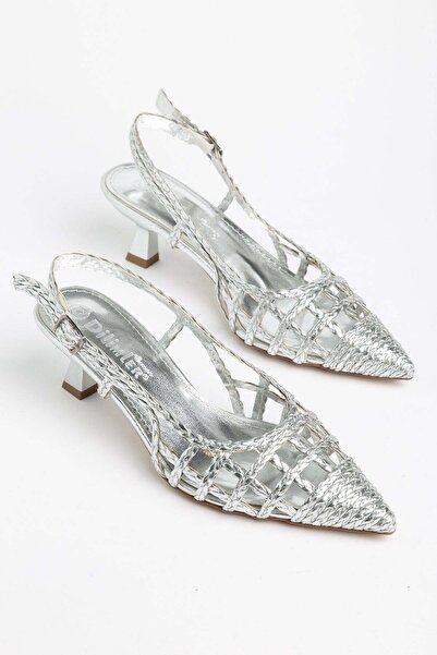 Dilimler Ayakkabı Women's Short Heeled Shoes Silver Mesh Material Pointed Shape