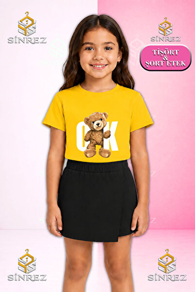 SİNREZ Girl's Set Ayicik Ok Beyaz Printed Short Sleeve T-Shirt Shorts Skirt