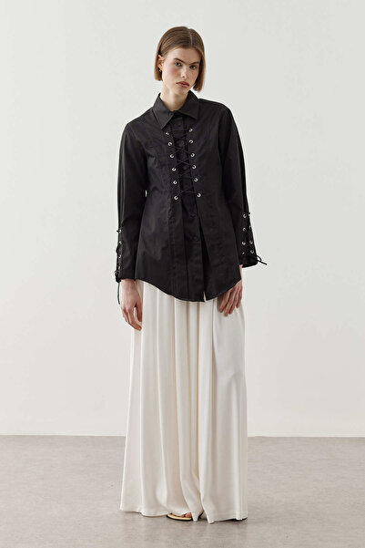 Fahhar Eyelet Lace-Up Shirt Black