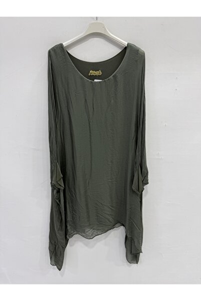 della moor Khaki Italian Bat Sleeve Lined Long Silk Tunic Blouse 40 - 46 Size