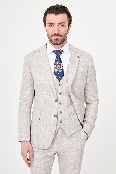 Mcr Plaid Slim Fit Mono Collar Classic Men's Suit Beige - 45465.26Y