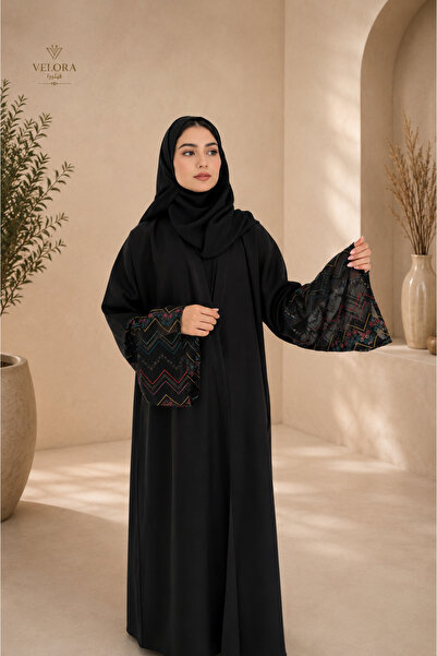 VELORA Ariana Black Abaya |   Multi-Colored Embroidered Chiffon Sleeves