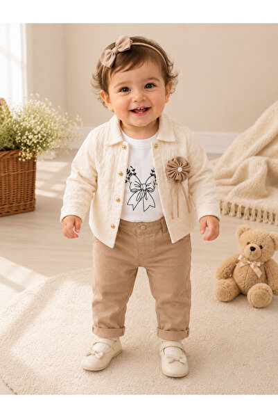 Minik mooda Baby Girl 3-Piece Jacket Set Beige Patterned Stylish Combination