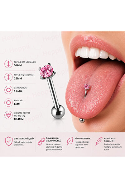 Heppii 316L Cerrahi Çelik Ucu Taşlı Dil Piercing Tongue Piercing Beyaz Pembe ...