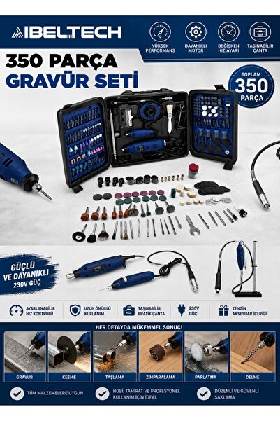 İBELTECH Blue Series 350 Parça 2 Makineli Profesyonel 3500 Rpm Gravür Seti Ke...