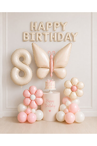 Balonsan Retro Cream Butterfly and Daisy -8- Numbered Happy Birthday Balloon Set