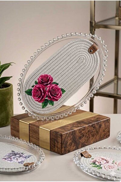 Betülce Acrylic Beaded Oval Tray and Cotton Rope Supla Double Presentation Set