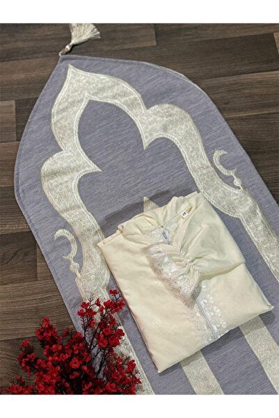Generic Grey Embroidered Women's Prayer Rug Set with White Prayer Sheet