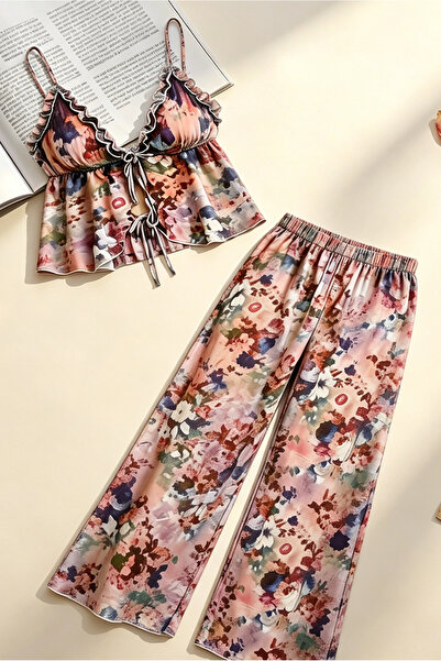 JInsh Floral Print Chiffon Loungewear Set 2-Piece, Ruffle Trim Cami Top + Wid...