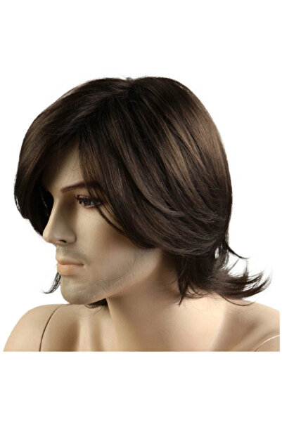 ENAR Men's Medium Brown Layered Synthetic Wig, Natural Looking Short Wavy Hai...