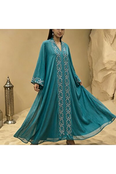 Bleco Luxury Satin Heavy Beaded Embroidery Abaya Dress, Elegant Loose Dubai Robe