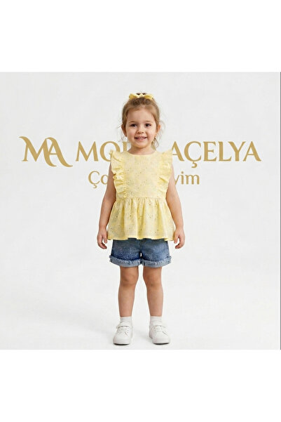 MODA AÇELYA Girl's Two-Piece Set with Scallop Blouse and Denim Shorts